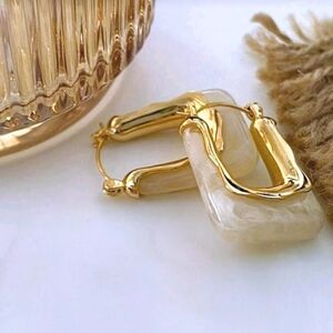Gold and Cream Lucite U Shape Hoop Earrings